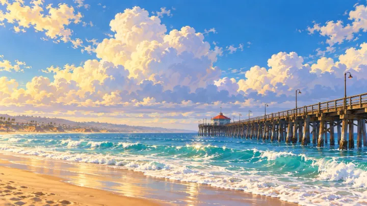 Weathered Balboa Pier above turquoise waves under a bright painted sky