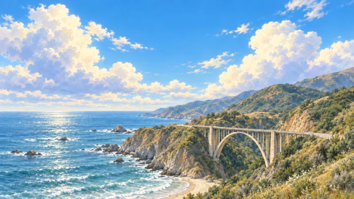 Bixby Creek Bridge above the rugged Big Sur coastline beneath luminous painted clouds