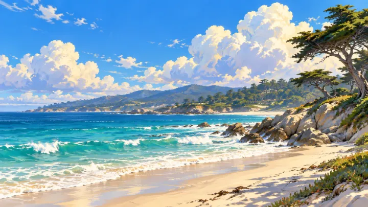 Cypress trees above white sand and turquoise waves along the painted Carmel coast