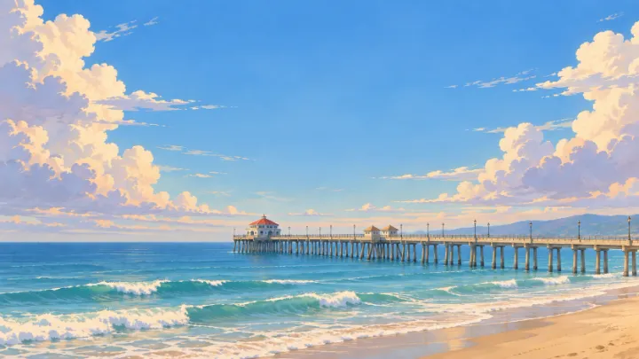 The rustic Huntington Beach Pier beneath luminous painted clouds