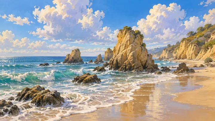 Sandstone sea stacks and turquoise surf at El Matador Beach beneath bright painted clouds