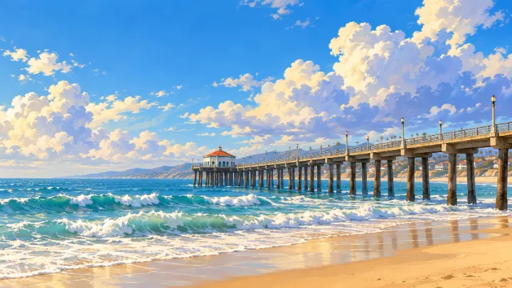 Manhattan Beach Pier and its red-roofed roundhouse beneath bright painted clouds