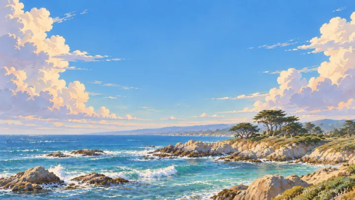Wind-shaped cypress trees above turquoise water on the Monterey Peninsula