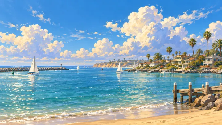 Sailboats and coastal homes along Newport Harbor beneath a luminous painted sky