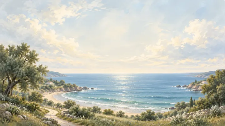 A luminous painted Pacific coastline with turquoise water and soft clouds