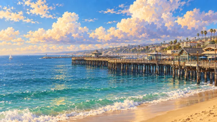 Redondo Beach’s rustic waterfront pier, turquoise waves and sunlit painted clouds