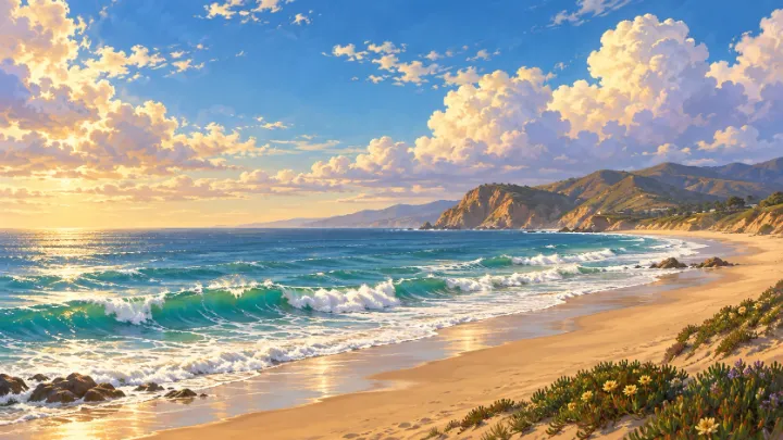 Golden sand and turquoise surf at Zuma Beach beneath luminous painted clouds